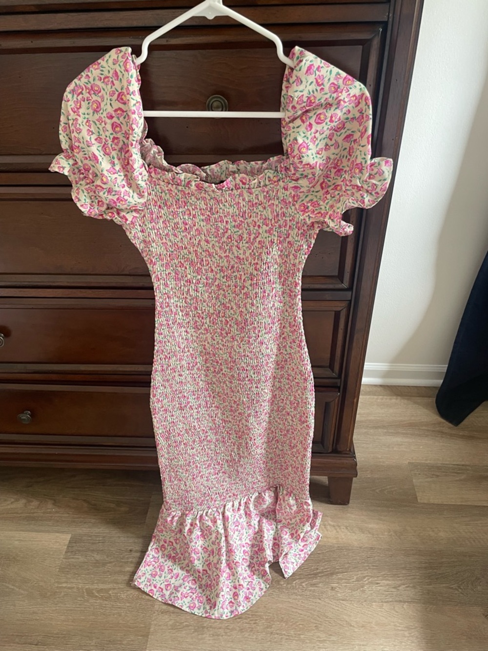 Smocked Floral Midi Dress in Pink and Cream